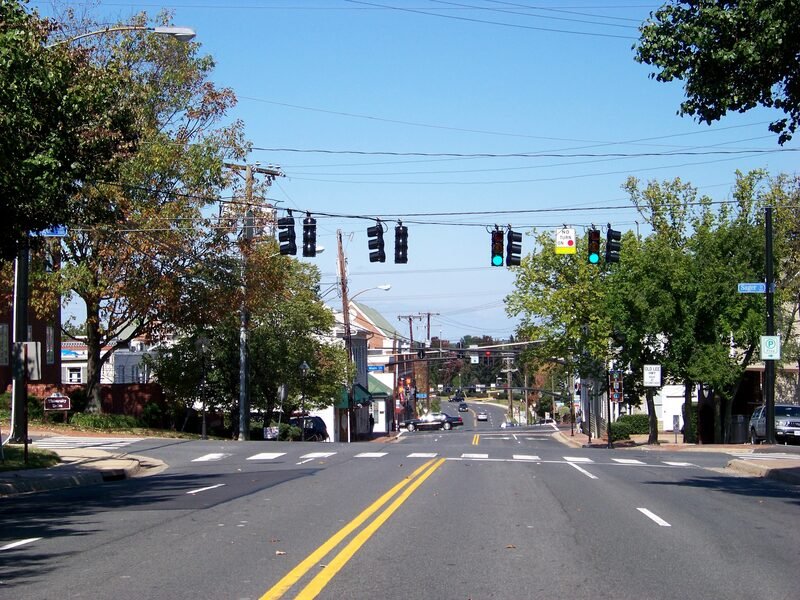 Downtown Fairfax, Virginia streetscape along Main Street near OMNI Wellness
